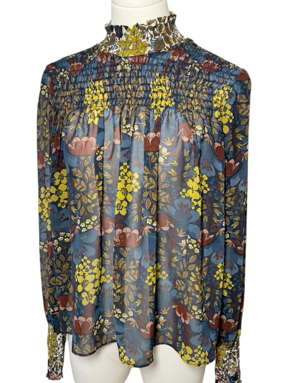 Zara Trafaluc Floral Smocked High Neck Blouse Sheer Black Size Small - Picture 2 of 8